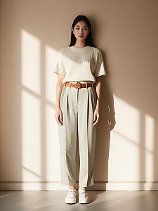 Woman in Minimalist Cream Cable Knit Top with Relaxed Fit Pants