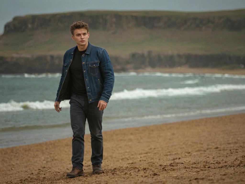 Thoughtful man in denim jacket on sandy beach