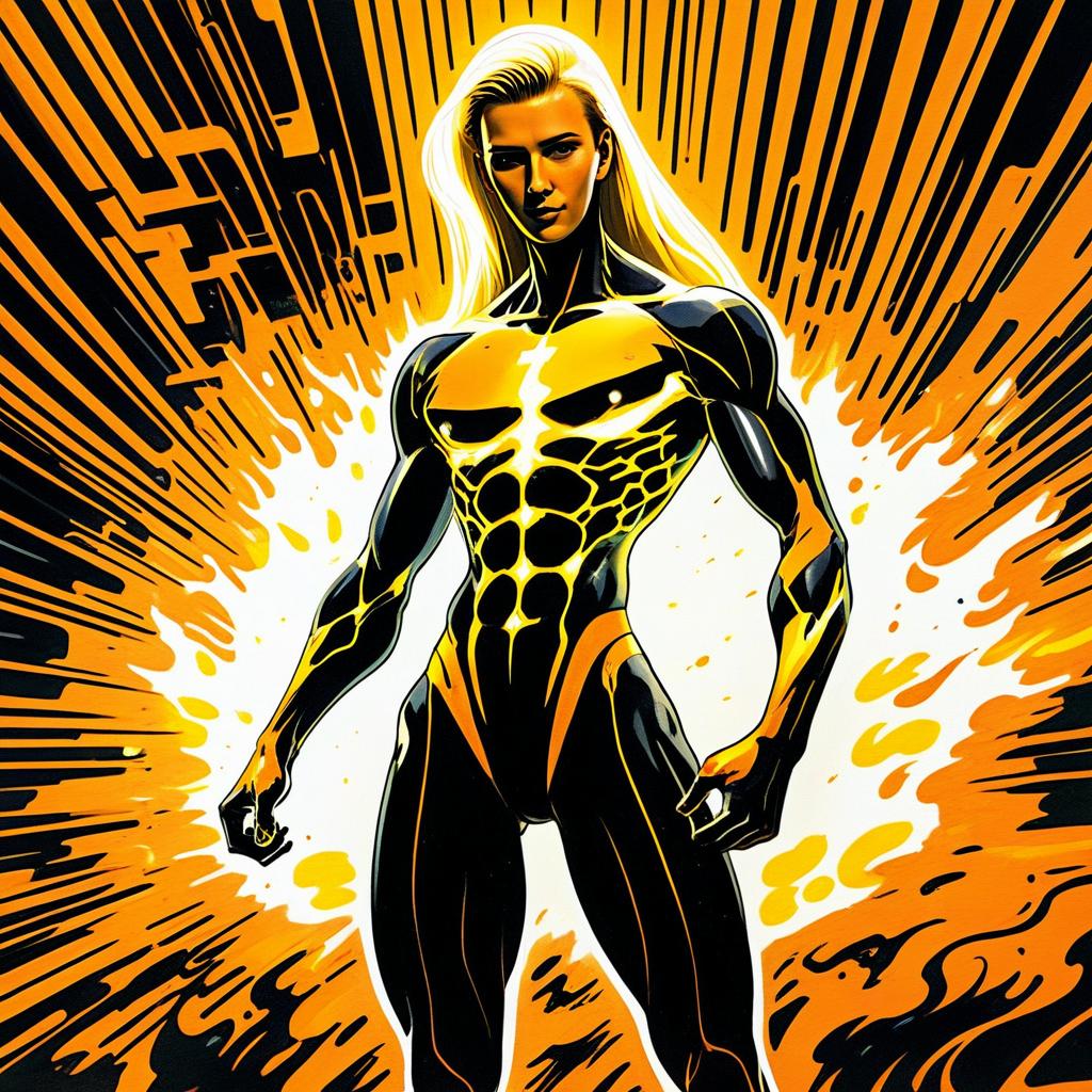 Powerful Woman Superhero with Orange and Black Energy