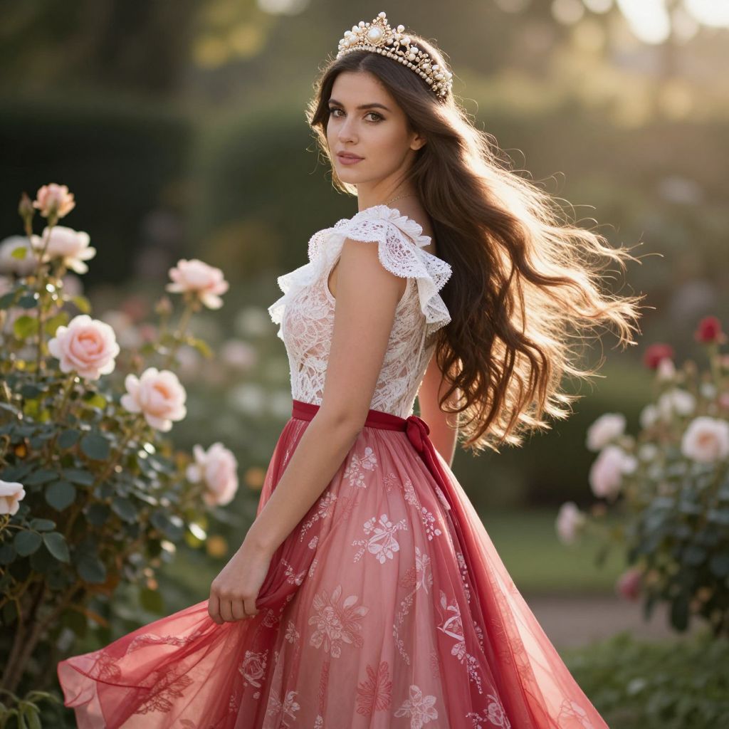 Woman in Elegant Red Floral Skirt and Pearl Tiara in Rose Garden