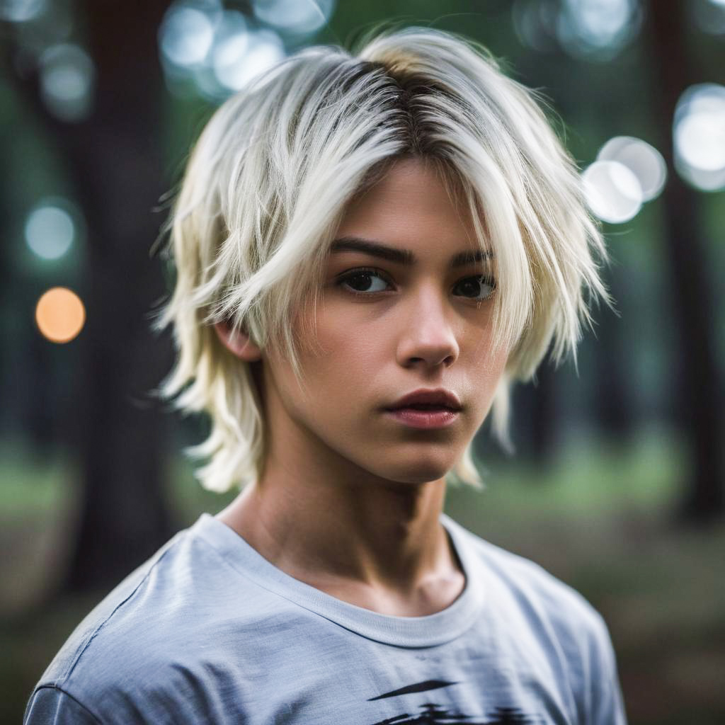 Young Man with Platinum Blonde Hair Outdoors