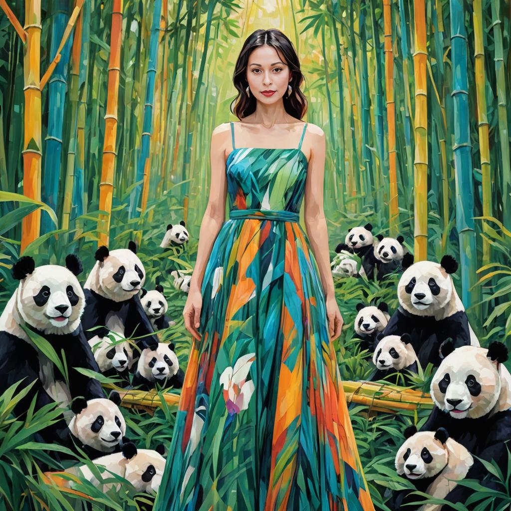 Woman in Floral Gown with Pandas in Bamboo Forest