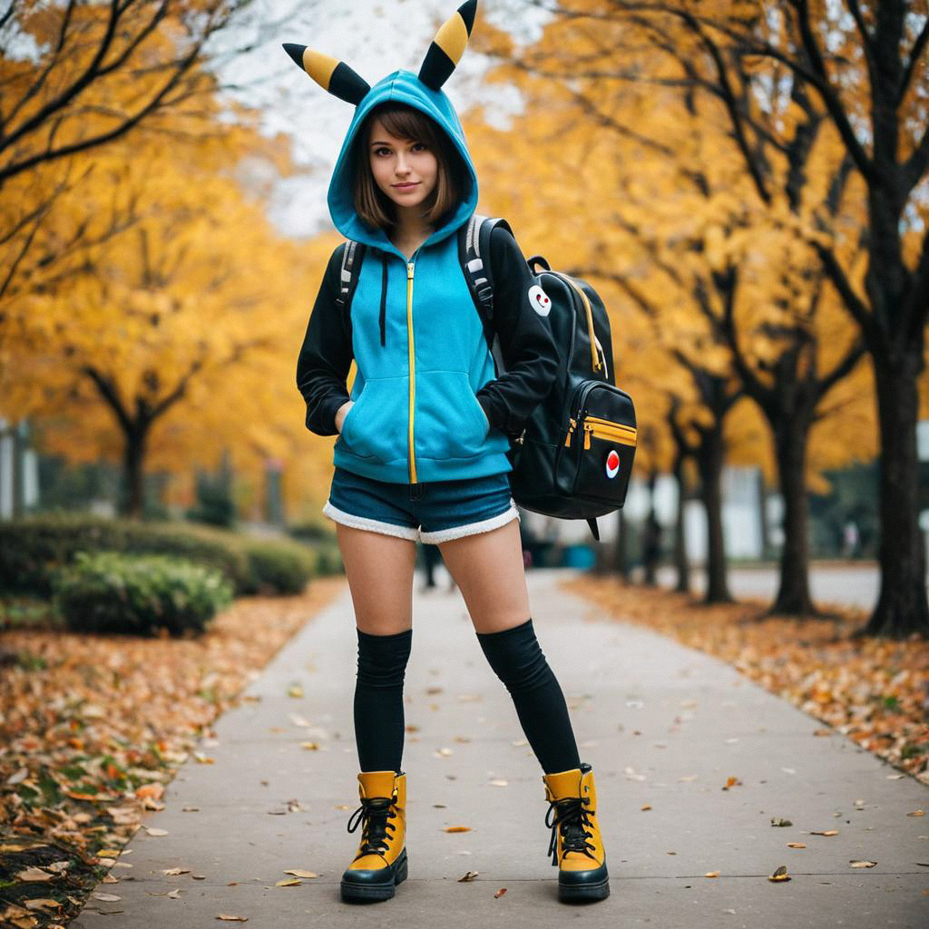 Young woman in playful blue hoodie on autumn pathway Young woman in playful blue hoodie on autumn pathway