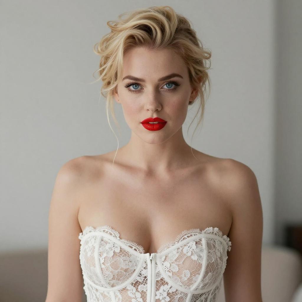 Blonde Woman in White Lace Corset with Red Lipstick Portrait