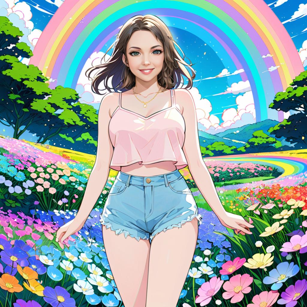 Cheerful Anime Woman in Floral Landscape