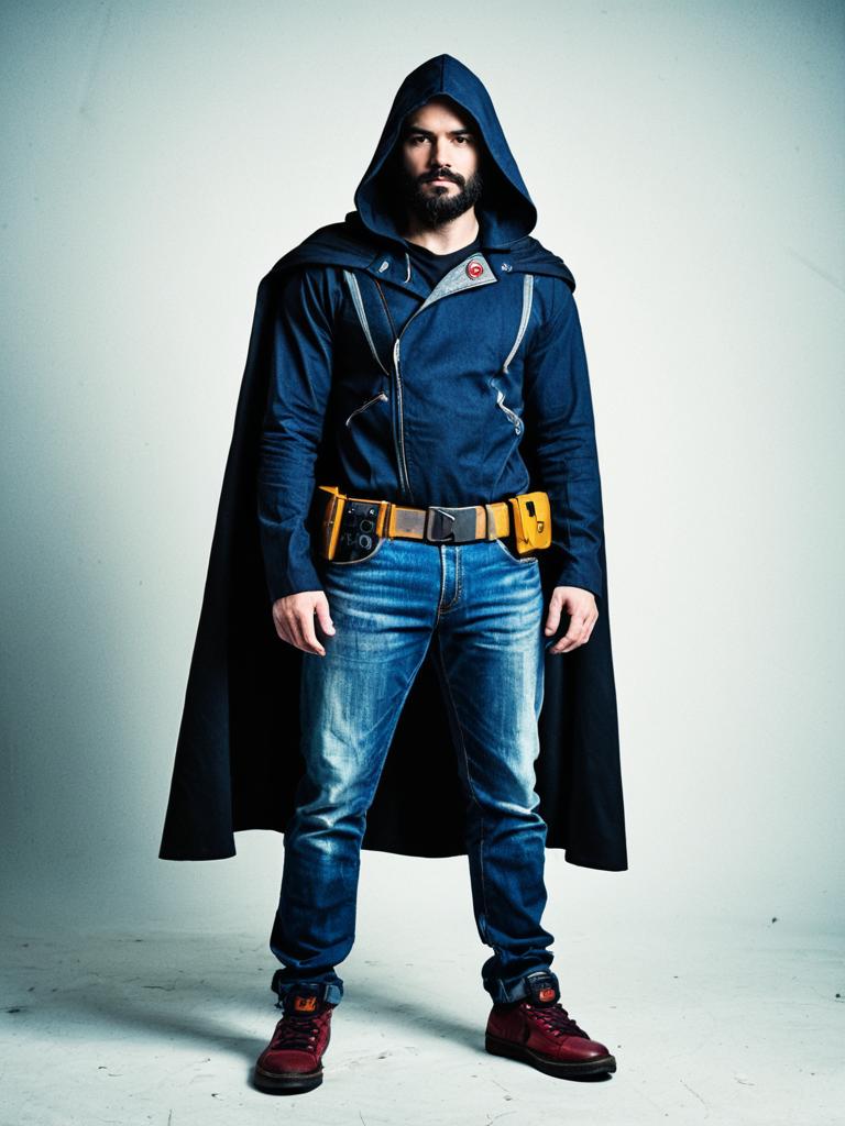 Man in Hooded Cosplay Costume with Utility Belt and Jeans - Front View