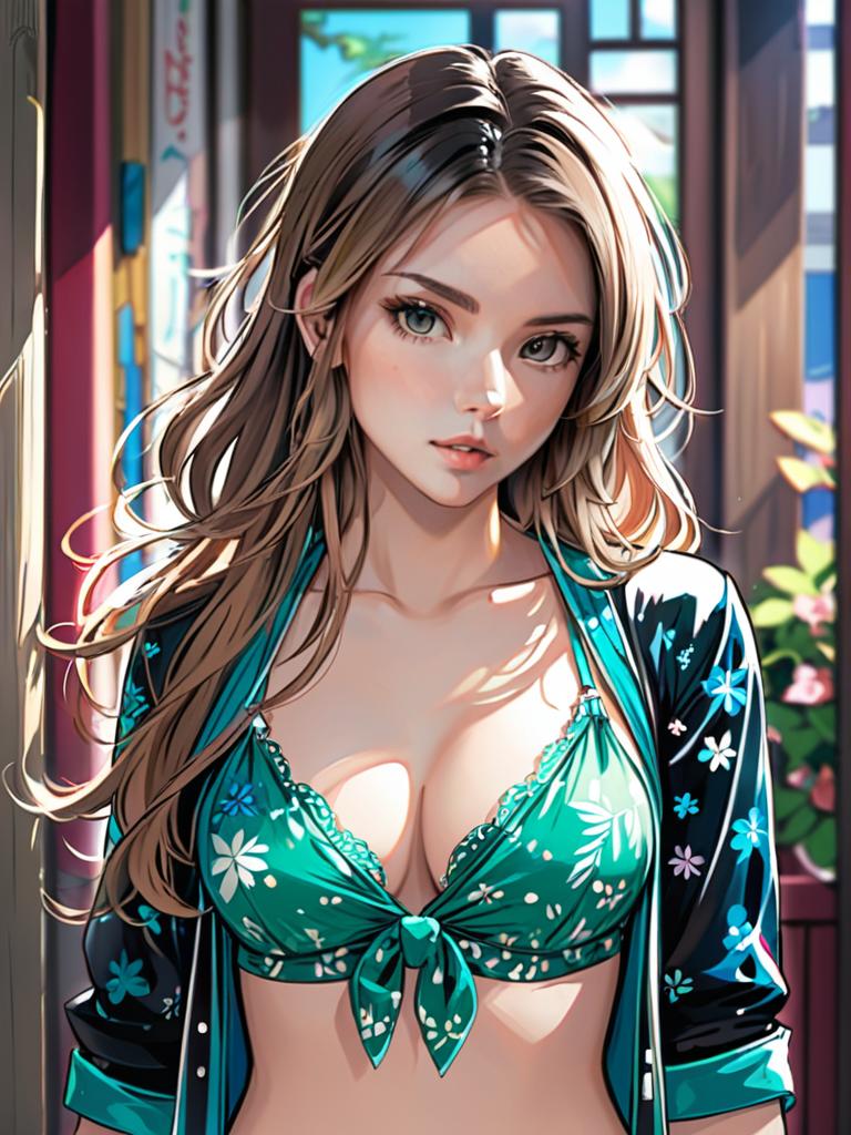 Anime girl in green bikini with floral shirt