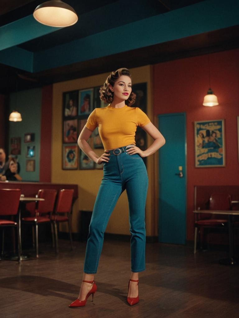 Stylish woman in blue jeans and yellow top with red heels