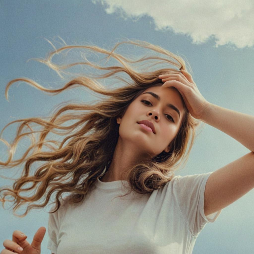 Woman with Flowing Hair Against Blue Sky - Freedom & Creativity