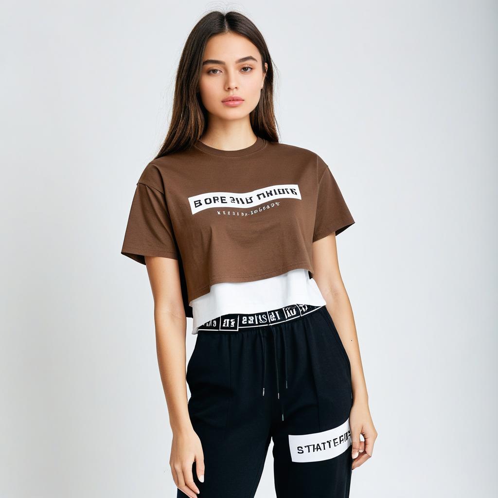 Young Woman in Trendy Brown Cropped T-Shirt and Black Pants Streetwear