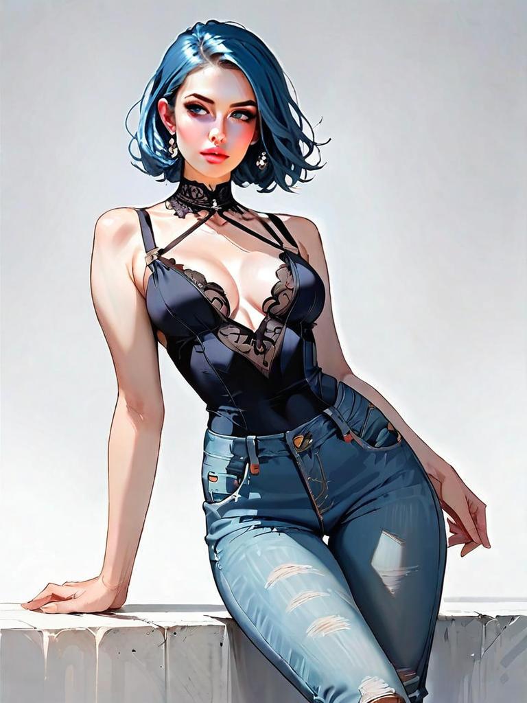 Stylish Woman in Black Lace Bodysuit and Ripped Jeans - Realistic Comic Art