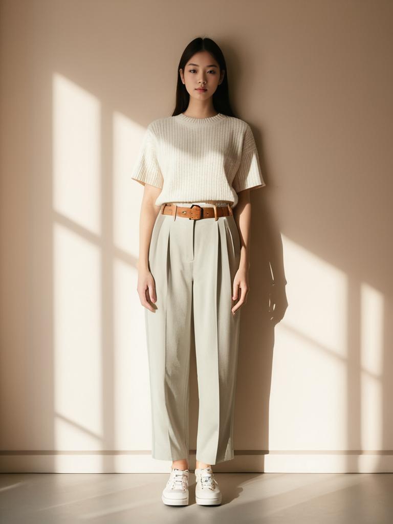 Woman in Minimalist Cream Cable Knit Top with Relaxed Fit Pants