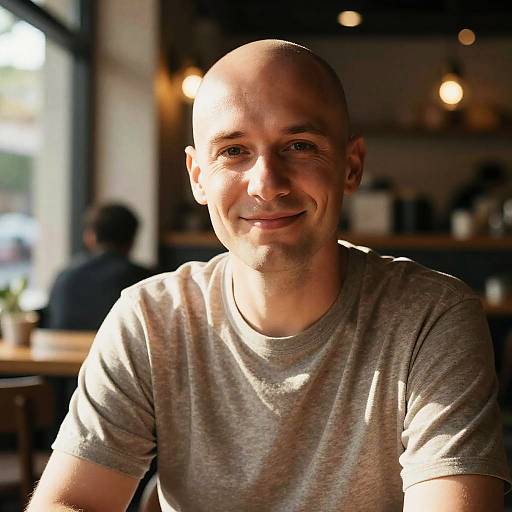 Smiling Young Man in Casual Grey T-Shirt Sitting in Cozy Café