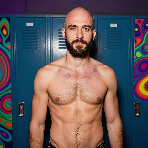 Shirtless Bearded Man Standing by Colorful Psychedelic Lockers