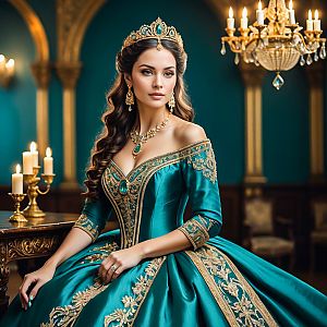 Regal Woman in Teal Gown with Gold Embroidery