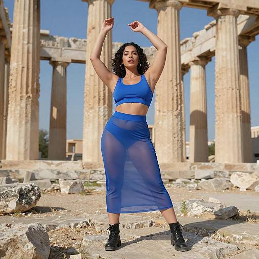 Woman in Blue Crop Top and Sheer Skirt at Ancient Ruins