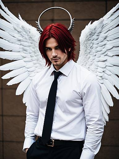 Red-Haired Man with Angel Wings and Horned Halo in Stylish Shirt and Tie