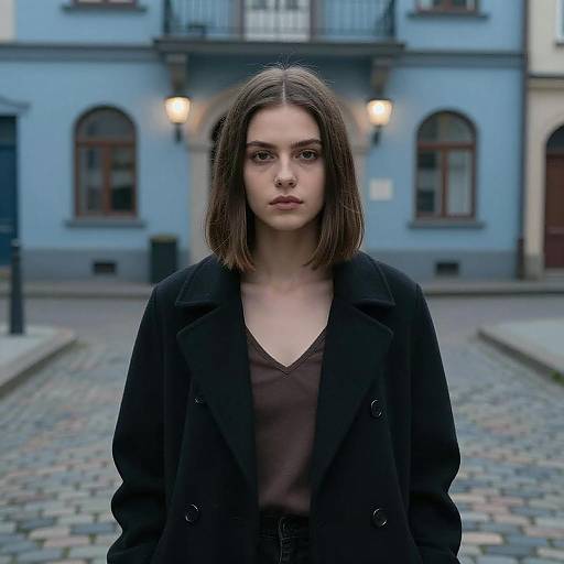 Young Woman in Dark Coat on Cobblestone Street with European Architecture