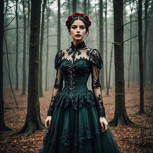 Woman in Victorian Gothic Dress with Red Rose Crown in Misty Forest