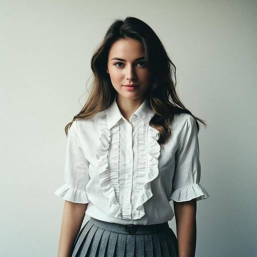 Portrait of Woman in White Ruffled Blouse and Grey Pleated Skirt