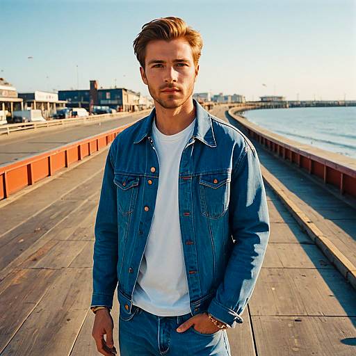 Young Man in Denim Jacket on Sunny Seaside Pier