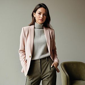 Stylish Young Woman in Pink Blazer and Olive Trousers Indoor Portrait