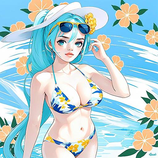 Anime Woman in Blue Yellow Floral Bikini with Sunhat and Sunglasses