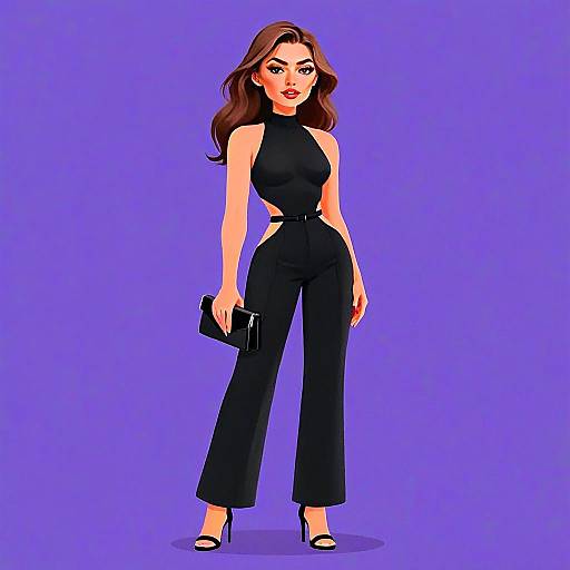 Woman in Stylish Black Cut-Out Jumpsuit with Clutch Fashion Illustration