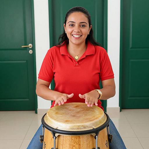 Woman Playing Wooden Conga Drum Indoors with Green Doors Background