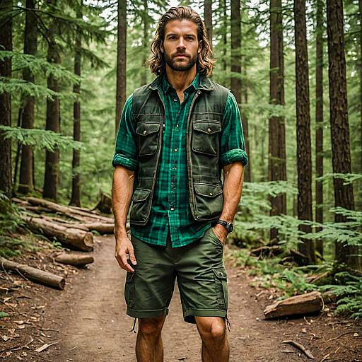 Man Hiking in Forest Trail Wearing Outdoor Utility Vest and Cargo Shorts