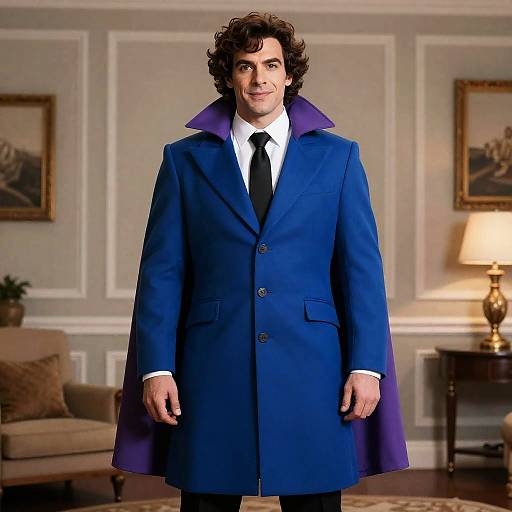 Man in Mister Fantastic-Inspired Blue Coat and Purple Cape Costume