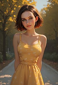 Young Woman in Floral Dress on Tree-Lined Path