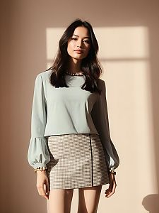 Woman in Taupe Business Casual Blouse with Round Neckline and Houndstooth Mini Skirt