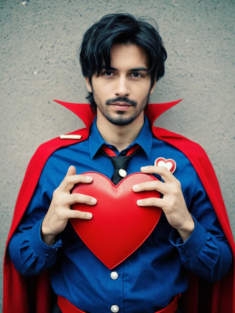 Man in Blue Shirt and Red Cape Holding Heart