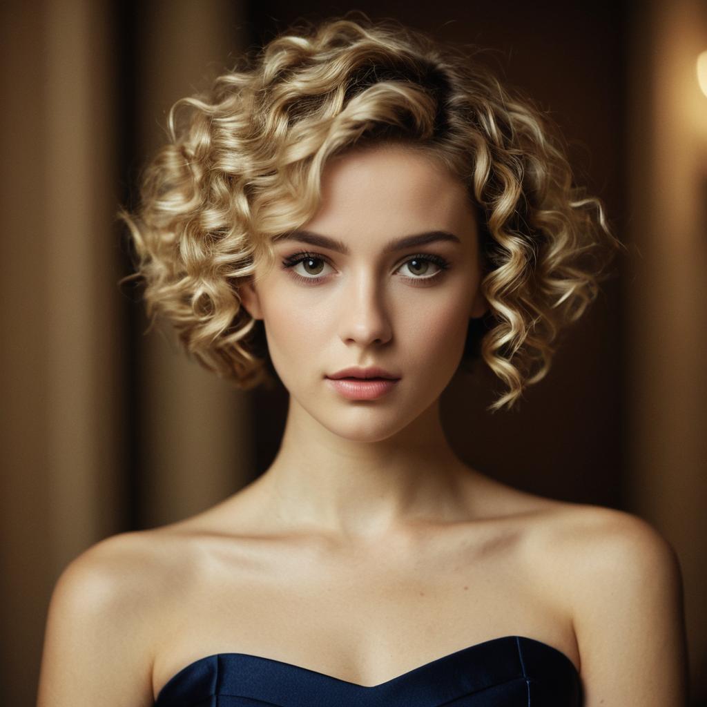 Close-Up Portrait of Woman with Curly Blonde Hair in Navy Blue Dress