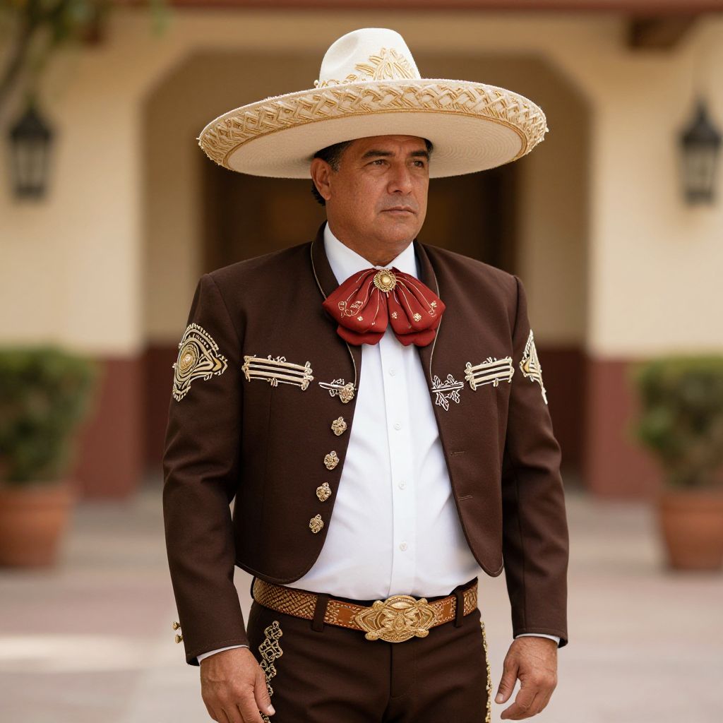 Mexican Charro Man in Traditional Sombrero and Embroidered Suit