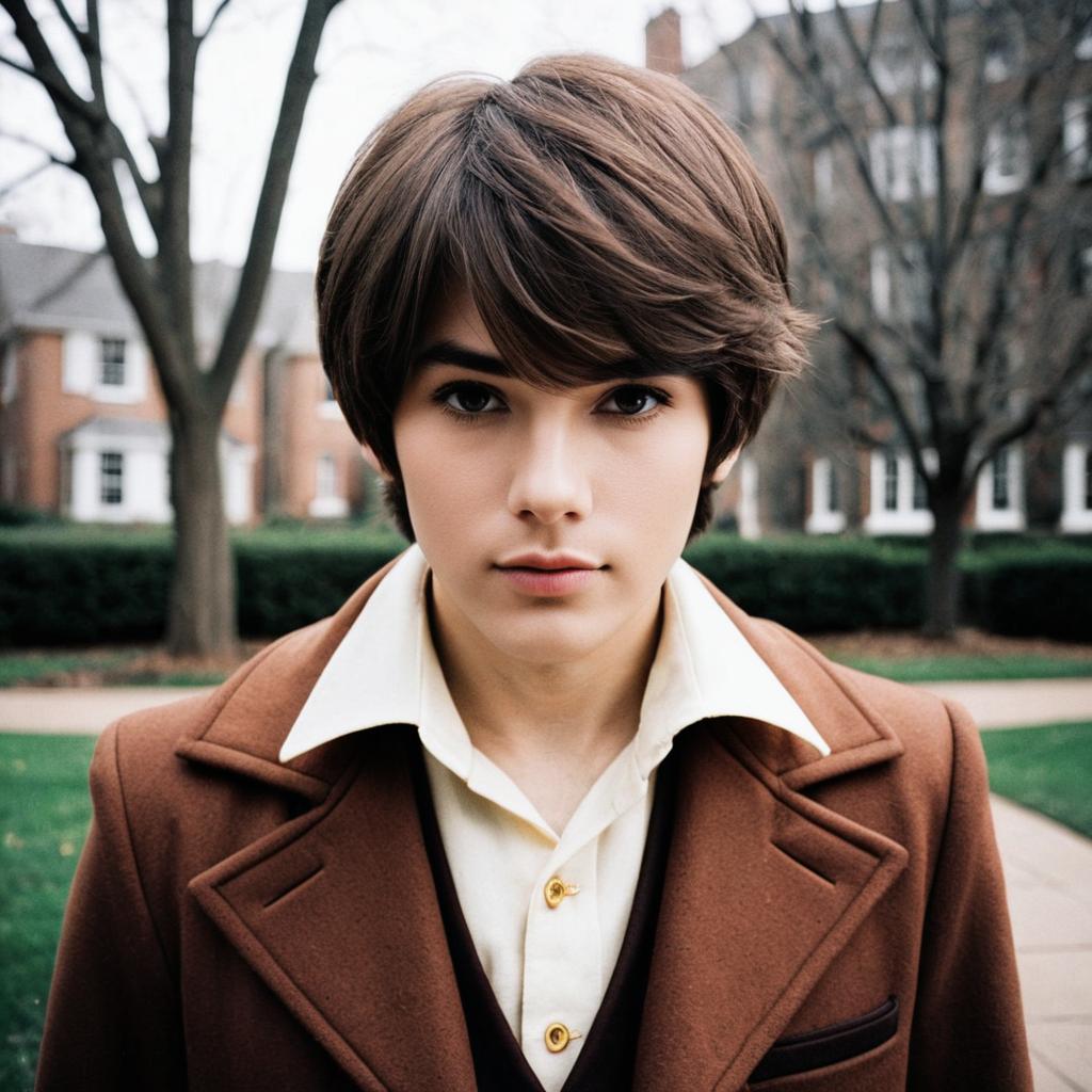 Young Man in 1970s Vintage Style Brown Coat Portrait