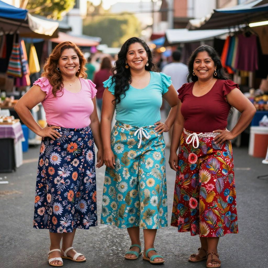 Women Wearing Colorful Floral Skirts at Outdoor Market