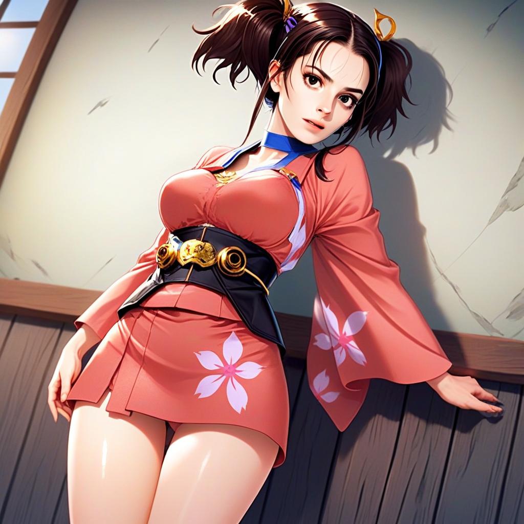 Anime Style Illustration of Young Woman in Traditional Japanese Kimono