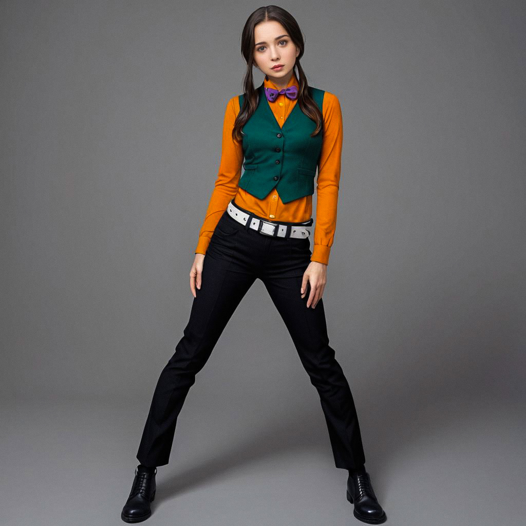 Stylish Woman in Green Vest and Orange Shirt Stylish Woman in Green Vest and Orange Shirt