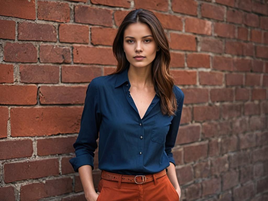 Stylish Woman in Dark Blue Shirt Against Red Brick Wall