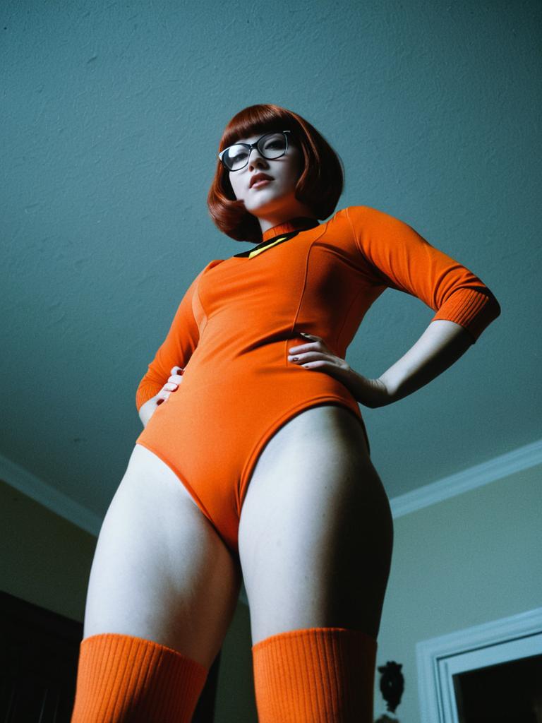 Woman in Velma Halloween Costume Dramatic Low Angle Cosplay Portrait