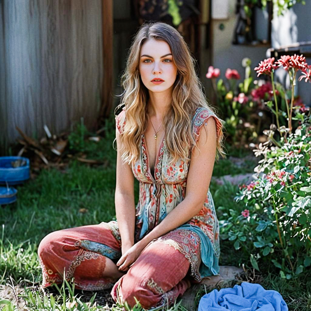 Serene Woman in Bohemian Style Garden