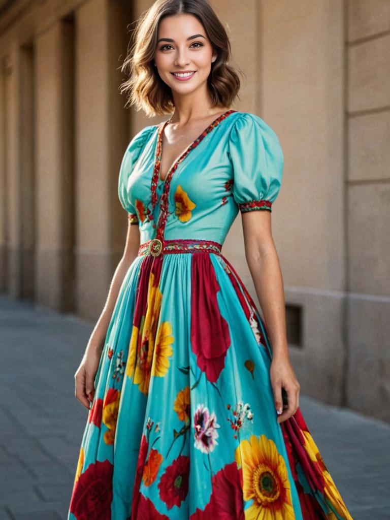 Woman in Floral Dress with Puffed Sleeves