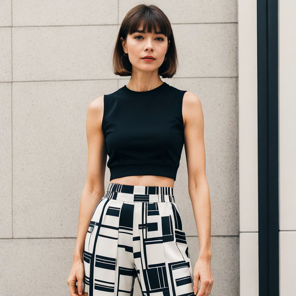 Young Woman in Black Crop Top and Geometric Patterned Pants Urban Fashion