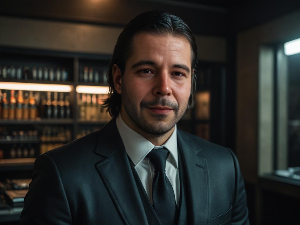 Professional man in suit with bookshelves