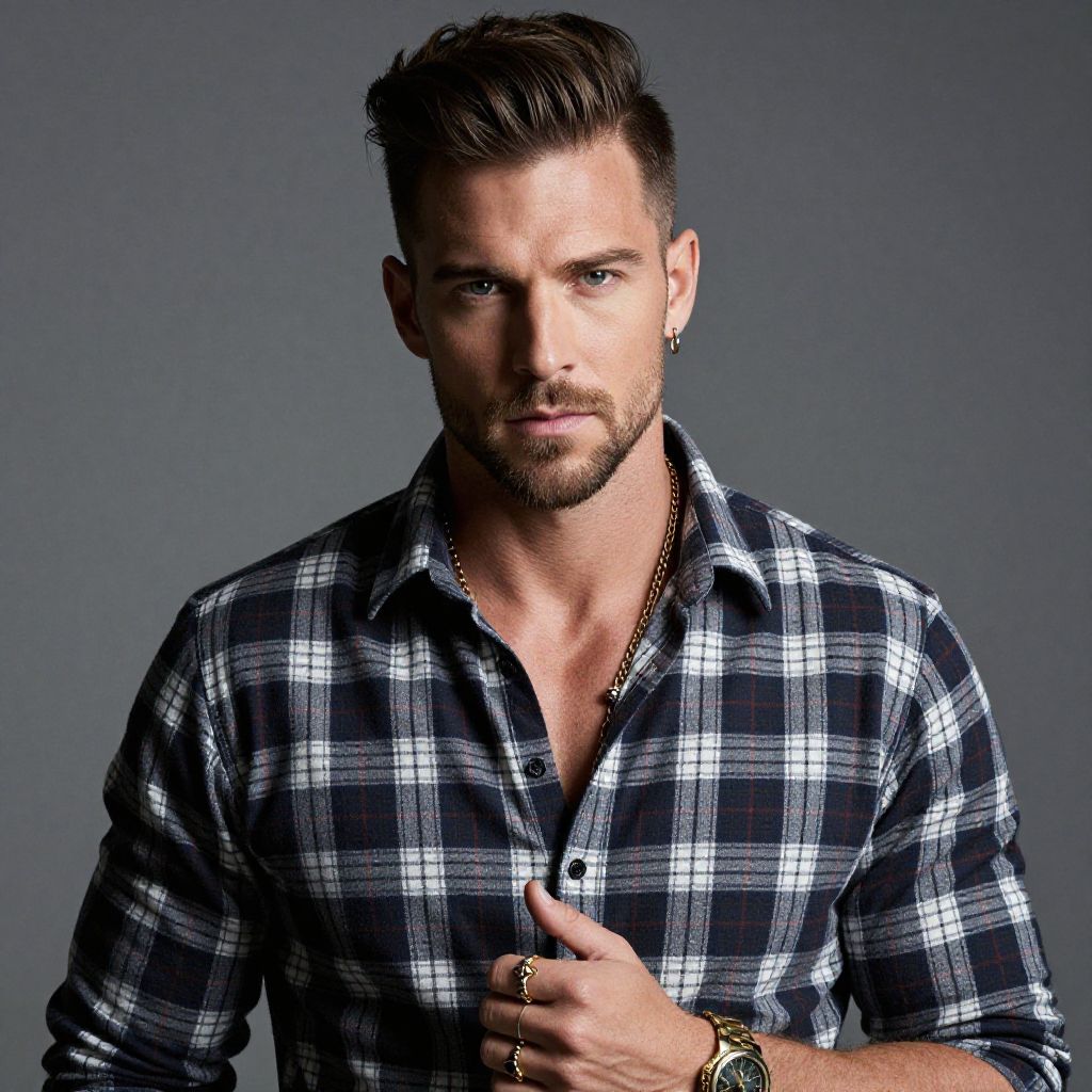 Confident Man in Plaid Shirt with Gold Accessories Against Gray Background