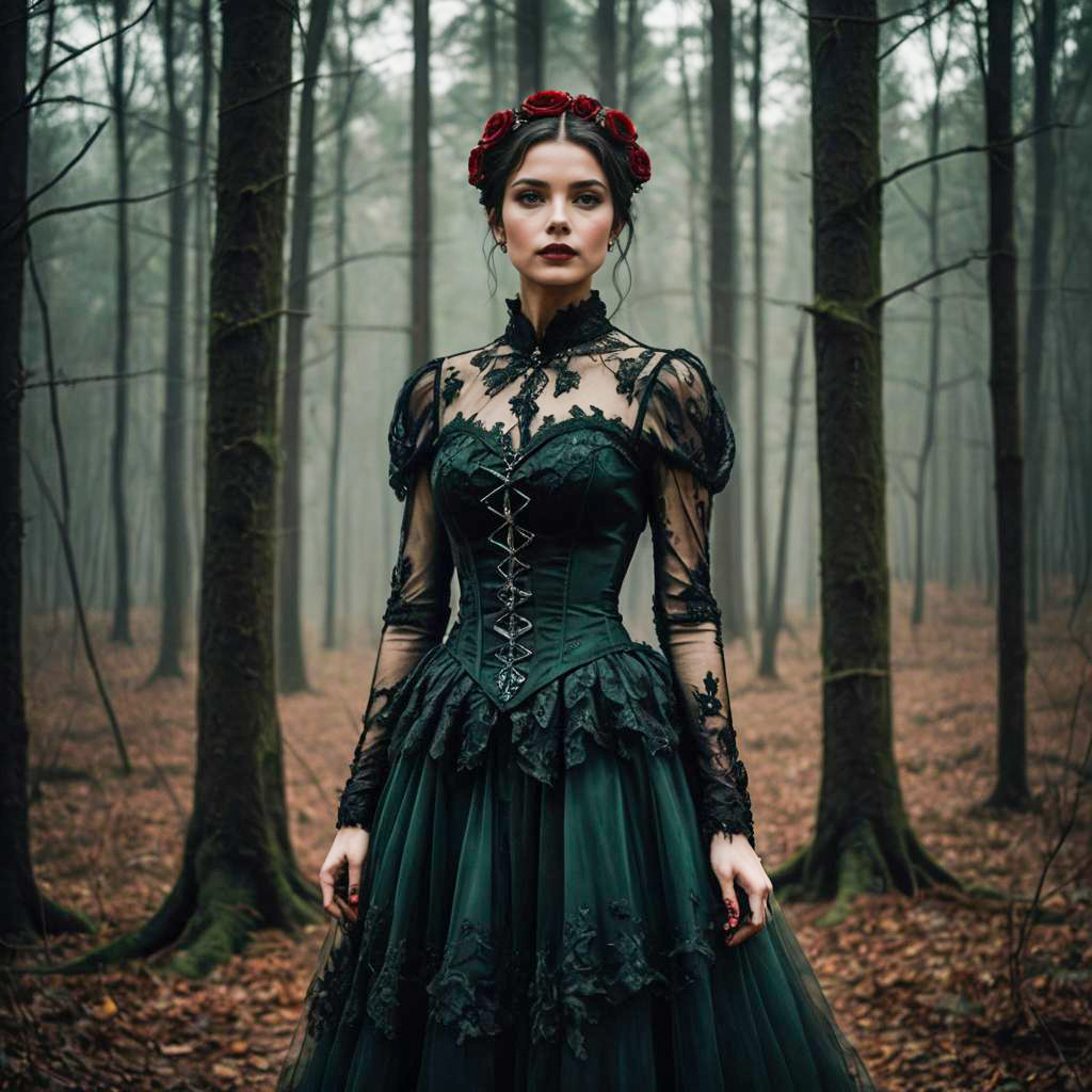 Woman in Victorian Gothic Dress with Red Rose Crown in Misty Forest