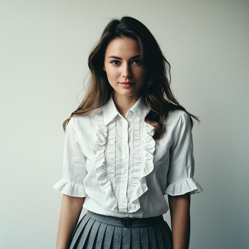 Portrait of Woman in White Ruffled Blouse and Grey Pleated Skirt