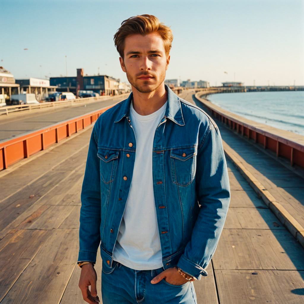 Young Man in Denim Jacket on Sunny Seaside Pier